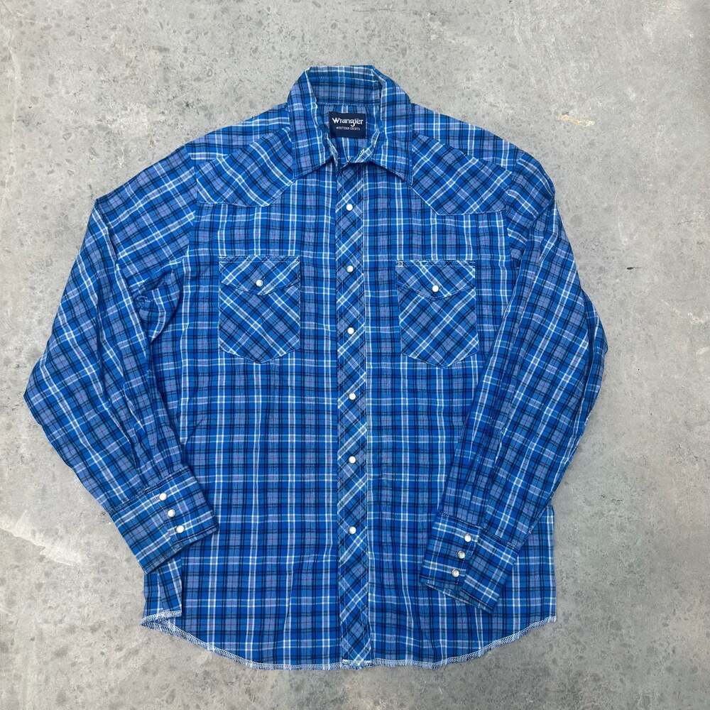 Wrangler Blue Plaid Western Long Sleeve Pearl Snap Shirt - Large